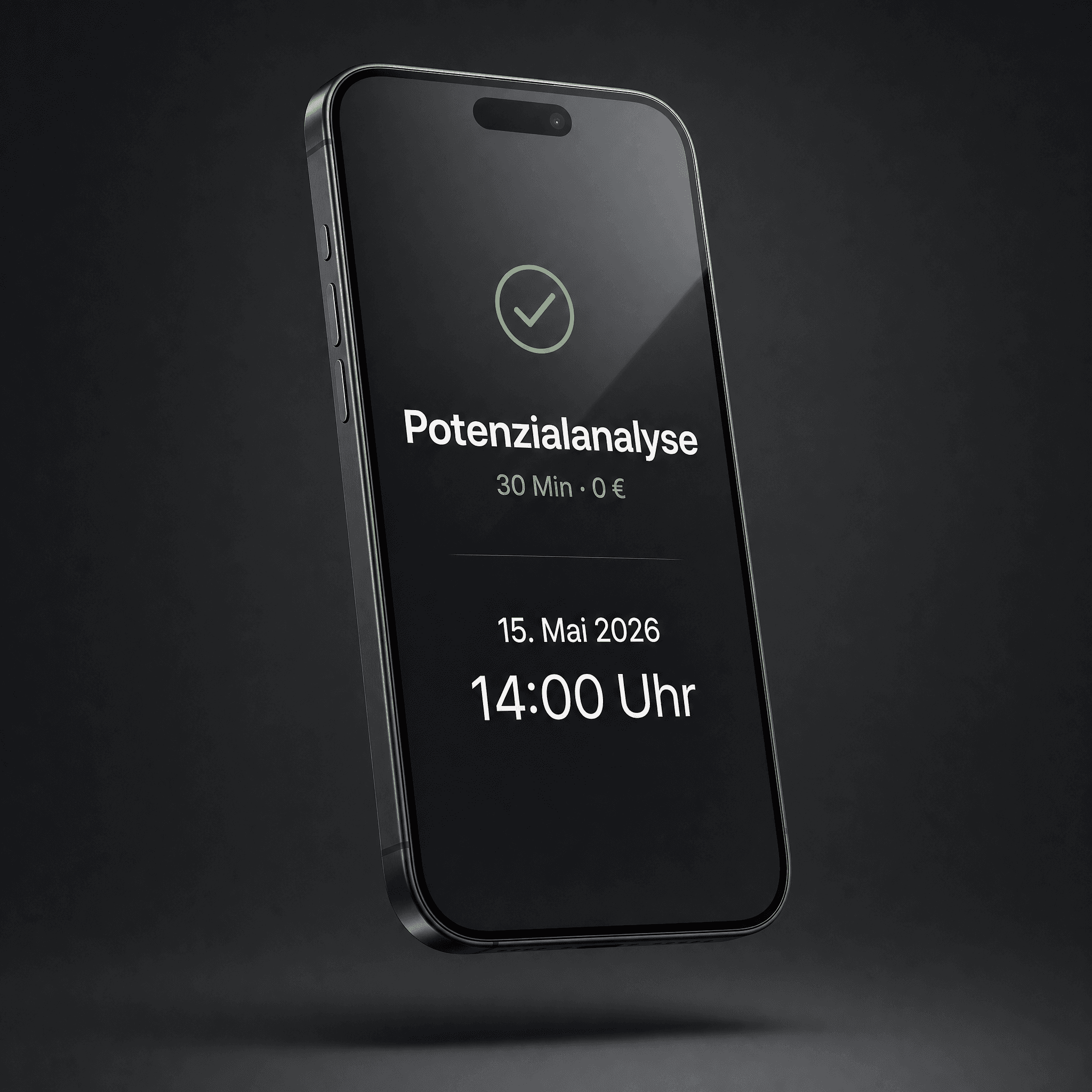 iPhone mit Cal.com-Terminbuchung im Dark-Mode auf dunklem Hintergrund